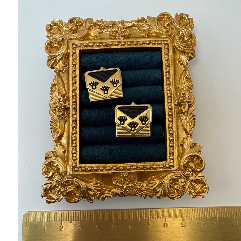 Vintage Anson Cufflinks OS Gold Tone Black Enamel Art Deco Shell Retro Mens